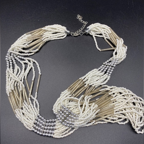 White Seed Beads & Silver Multi-Strand Necklace - Picture 1 of 6